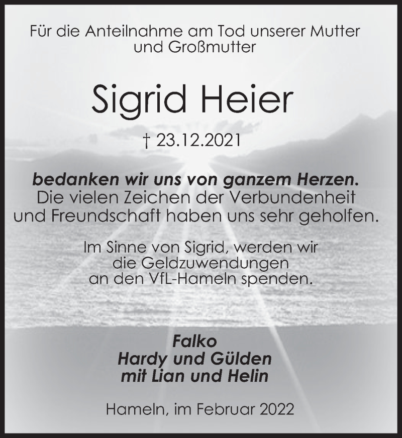  Traueranzeige für Sigrid Heier vom 05.02.2022 aus Deister- und Weserzeitung
