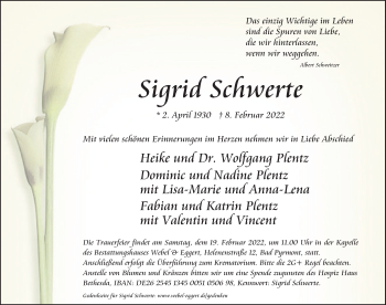 Traueranzeige von Sigrid Schwerte von Deister- und Weserzeitung