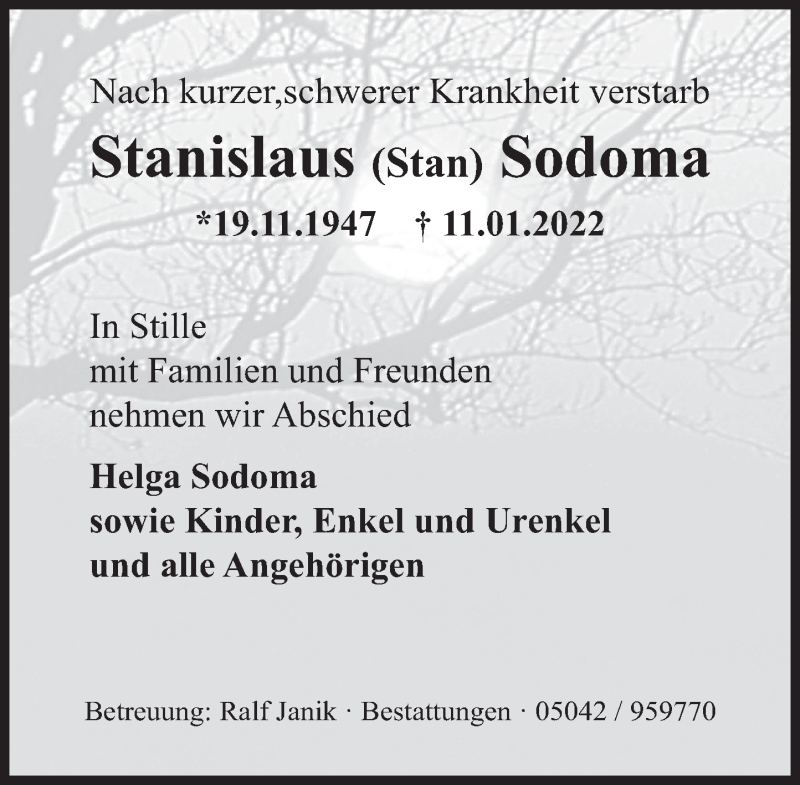  Traueranzeige für Stanislaus Sodoma vom 03.02.2022 aus Deister- und Weserzeitung