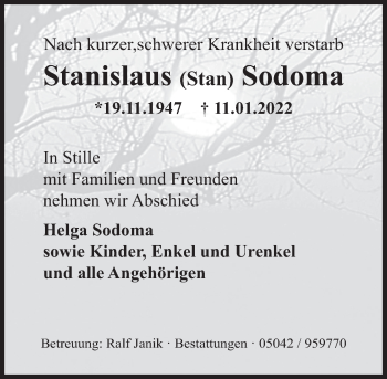 Traueranzeige von Stanislaus Sodoma von Deister- und Weserzeitung