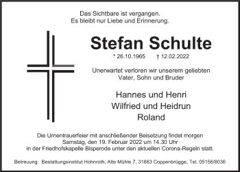 Traueranzeige von Stefan Schulte von Deister- und Weserzeitung
