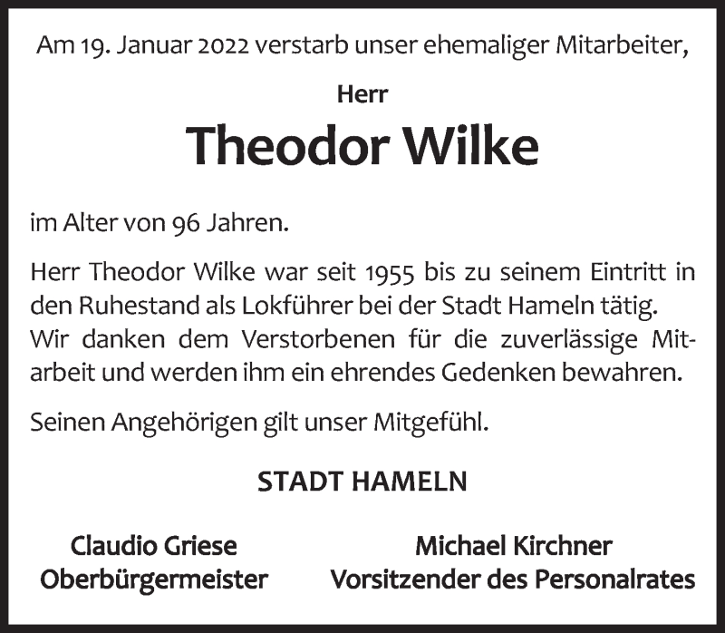  Traueranzeige für Theodor Wilke vom 16.02.2022 aus Deister- und Weserzeitung