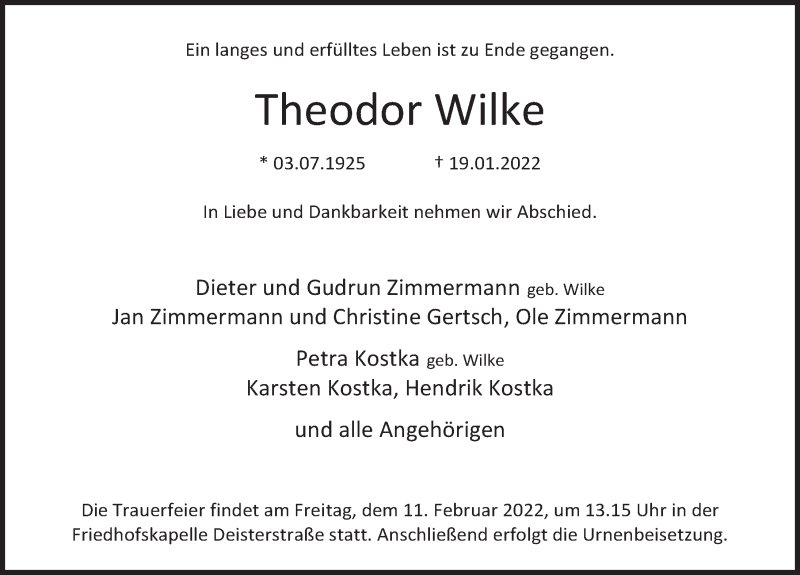  Traueranzeige für Theodor Wilke vom 05.02.2022 aus Deister- und Weserzeitung