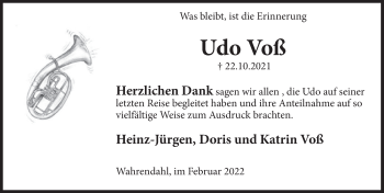 Traueranzeige von Udo Voß von Deister- und Weserzeitung