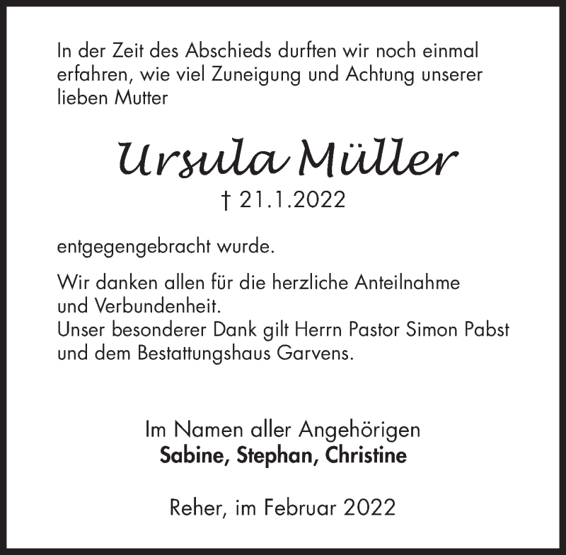  Traueranzeige für Ursula Müller vom 19.02.2022 aus Deister- und Weserzeitung