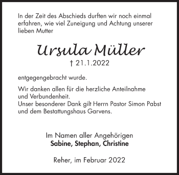 Traueranzeige von Ursula Müller von Deister- und Weserzeitung