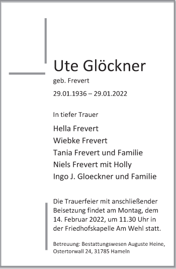 Traueranzeige von Ute Glöckner von Deister- und Weserzeitung