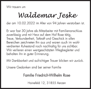 Traueranzeige von Waldemar Jeske von Deister- und Weserzeitung