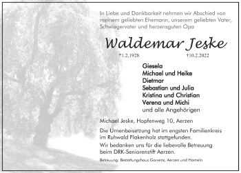 Traueranzeige von Waldemar Jeske von Deister- und Weserzeitung
