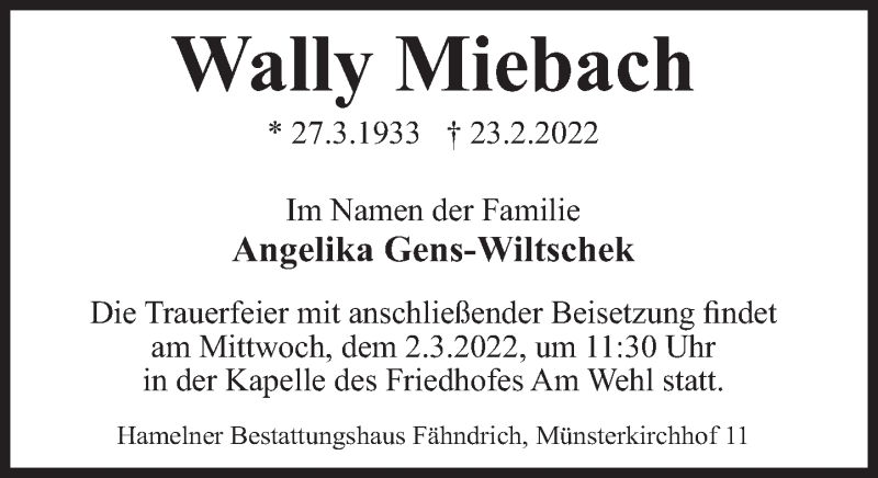  Traueranzeige für Wally Miebach vom 26.02.2022 aus Deister- und Weserzeitung