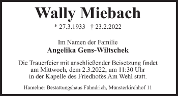 Traueranzeige von Wally Miebach von Deister- und Weserzeitung