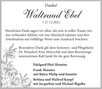 Traueranzeige von Waltraud Ebel von Neue Deister-Zeitung