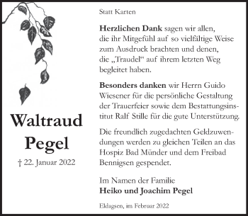 Traueranzeige von Waltraud Pegel von Neue Deister-Zeitung