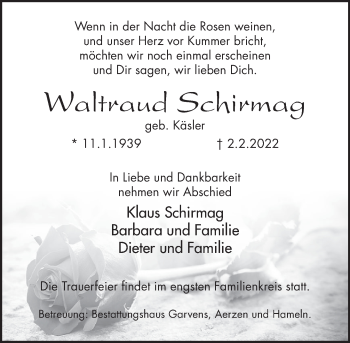 Traueranzeige von Waltraud Schirmag von Deister- und Weserzeitung