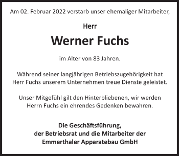 Traueranzeige von Werner Fuchs von Deister- und Weserzeitung