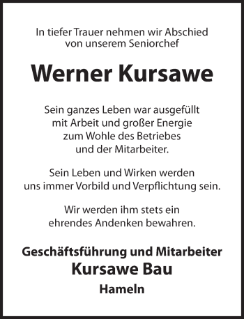 Traueranzeige von Werner Kursawe von Deister- und Weserzeitung