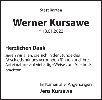Traueranzeige von Werner Kursawe von Deister- und Weserzeitung