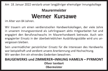 Traueranzeige von Werner Kursawe von Deister- und Weserzeitung