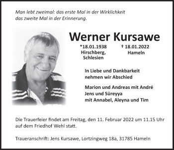 Traueranzeige von Werner Kursawe von Deister- und Weserzeitung