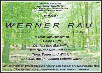 Traueranzeige von Werner Rau von Deister- und Weserzeitung