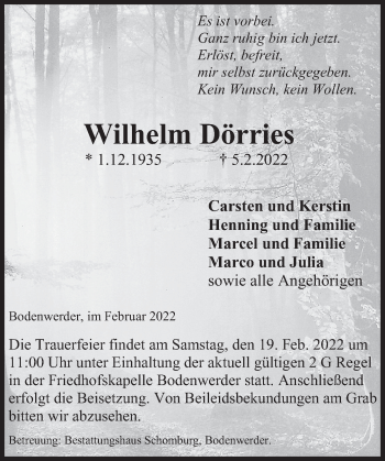 Traueranzeige von Wilhelm Dörries von Deister- und Weserzeitung