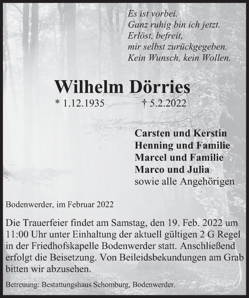  Traueranzeige für Wilhelm Dörries vom 11.02.2022 aus Deister- und Weserzeitung