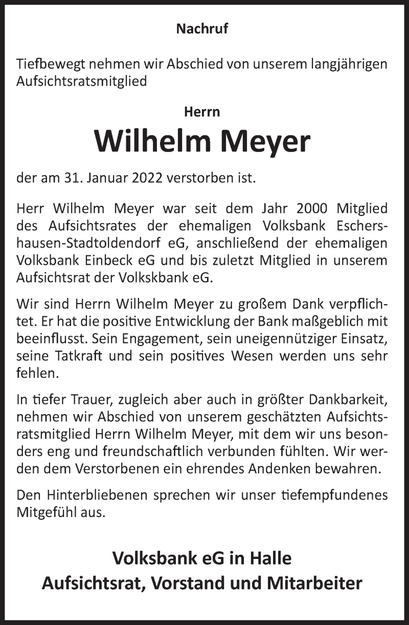  Traueranzeige für Wilhelm Meyer vom 09.02.2022 aus Deister- und Weserzeitung
