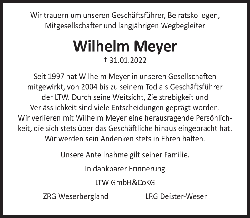  Traueranzeige für Wilhelm Meyer vom 07.02.2022 aus Deister- und Weserzeitung
