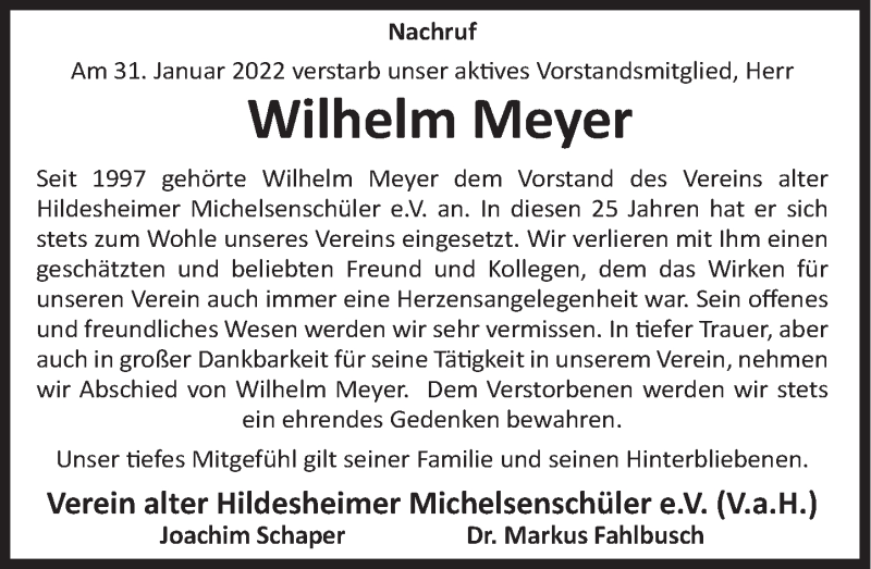  Traueranzeige für Wilhelm Meyer vom 12.02.2022 aus Deister- und Weserzeitung
