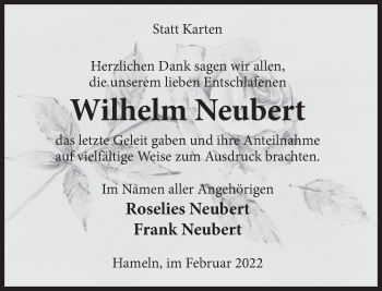 Traueranzeige von Wilhelm Neubert von Deister- und Weserzeitung