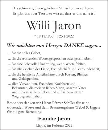 Traueranzeige von Willi Jaron von Deister- und Weserzeitung