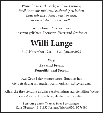 Traueranzeige von Willi Lange von Neue Deister-Zeitung