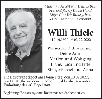 Traueranzeige von Willi Thiele von Deister- und Weserzeitung