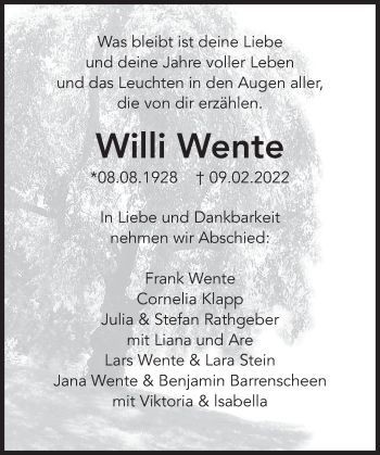 Traueranzeige von Willi Wente von Deister- und Weserzeitung