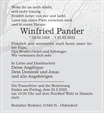 Traueranzeige von Winfried Pander von Deister- und Weserzeitung