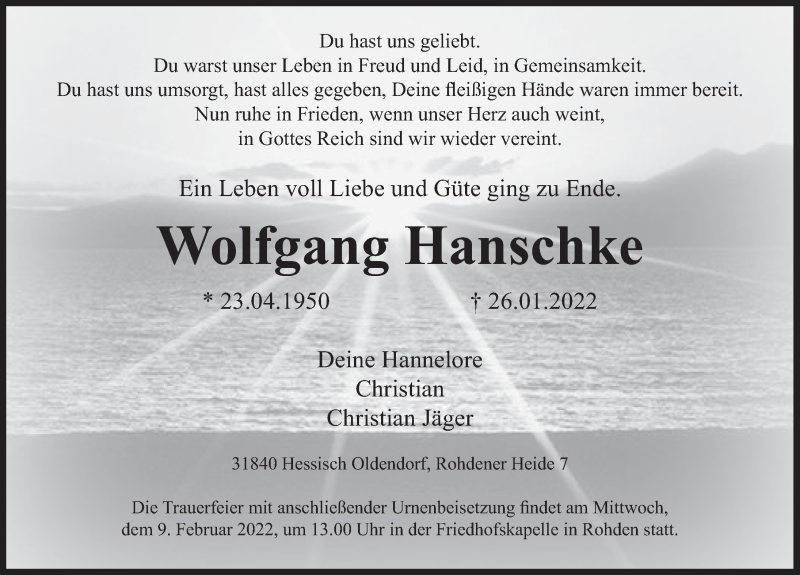 Traueranzeige für Wolfgang Hanschke vom 05.02.2022 aus Deister- und Weserzeitung