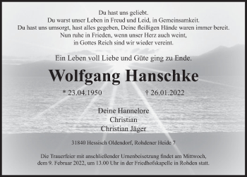 Traueranzeige von Wolfgang Hanschke von Deister- und Weserzeitung