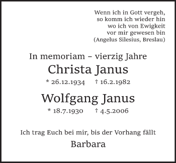 Traueranzeige von Wolfgang Janus von Deister- und Weserzeitung