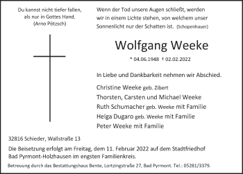 Traueranzeige von Wolfgang Weeke von Deister- und Weserzeitung