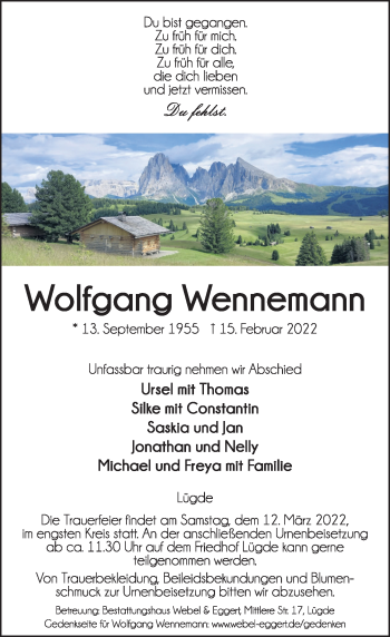 Traueranzeige von Wolfgang Wennemann von Deister- und Weserzeitung