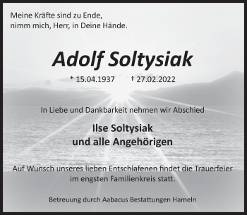 Traueranzeige von Adolf Soltysiak von Deister- und Weserzeitung