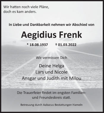 Traueranzeige von Aegidius Frenk von Deister- und Weserzeitung