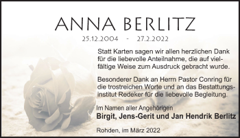 Traueranzeige von Anna Berlitz von Deister- und Weserzeitung