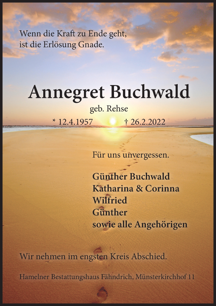  Traueranzeige für Annegret Buchwald vom 05.03.2022 aus Deister- und Weserzeitung