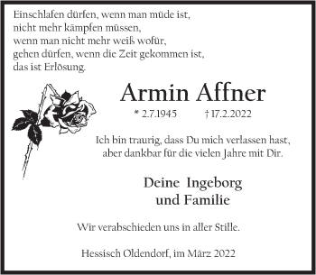 Traueranzeige von Armin Affner von Deister- und Weserzeitung