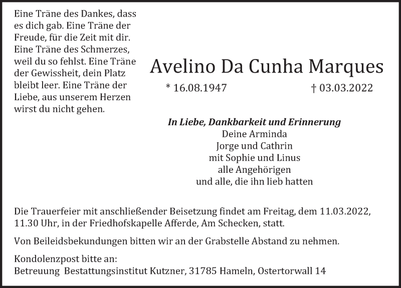  Traueranzeige für Avelino Da Cunha Marques vom 08.03.2022 aus Deister- und Weserzeitung