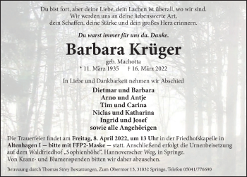 Traueranzeige von Barbara Krüger von Neue Deister-Zeitung