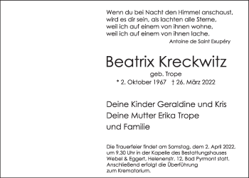 Traueranzeige von Beatrix Kreckwitz von Deister- und Weserzeitung