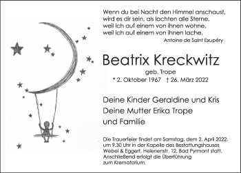 Traueranzeige von Beatrix Kreckwitz von Deister- und Weserzeitung
