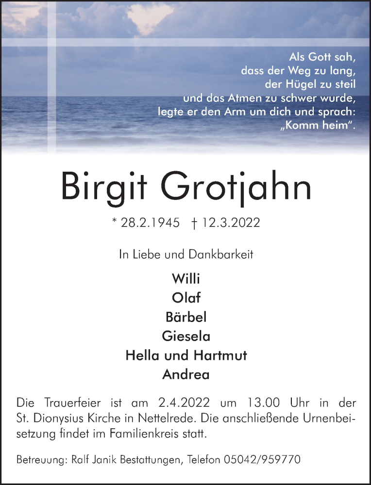  Traueranzeige für Birgit Grotjahn vom 26.03.2022 aus Neue Deister-Zeitung